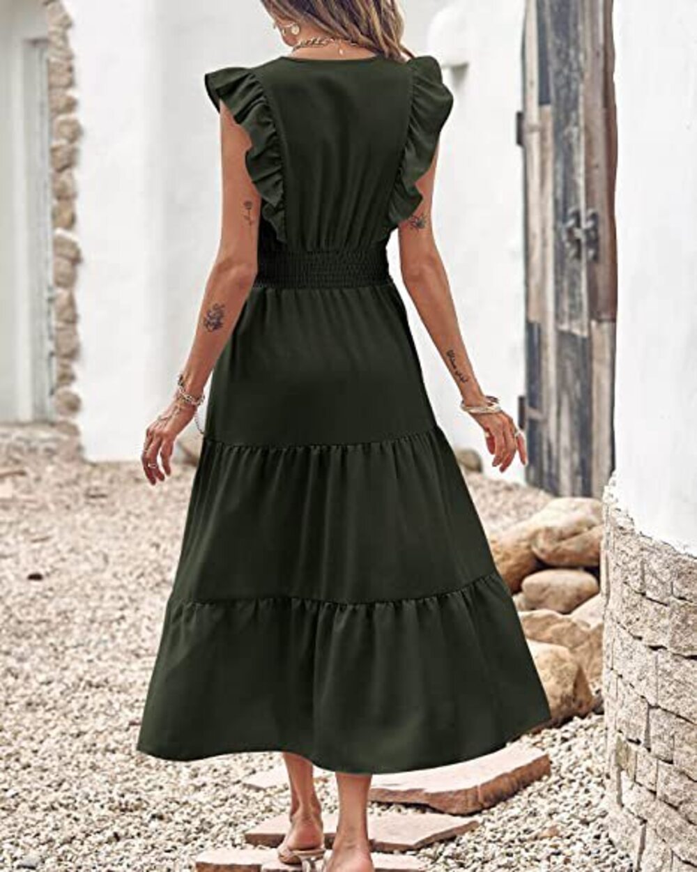 Women's Dark Green V-Neck Ruffle-Sleeve Tiered Maxi Dress - Picture 5 of 5